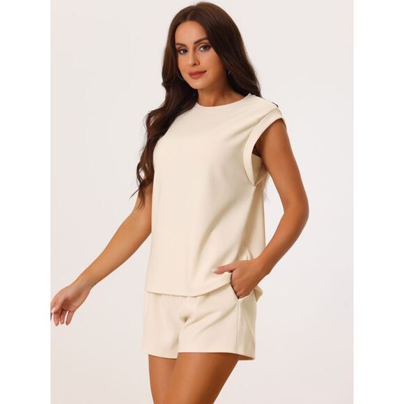 Two Piece Outfits Stretchy Sweatshirt Tank Top and Shorts Tracksuit Sets Apricot - Picture 2 of 6